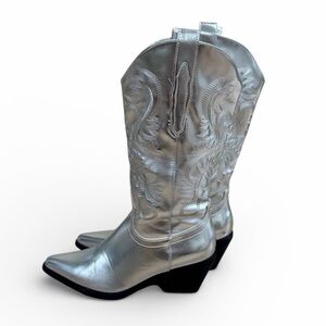 Embroidered festival Western Silver metallic Cowboy Mid Calf Coachella boots